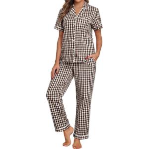 SWOMOG 100% Cotton Pajamas for Women Set 2PCS Button-Down Lounge Pjs Short Sleeve Tops and Long-Pants with Pocket(Brown&white Plaid)