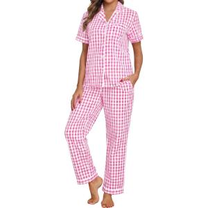 SWOMOG 100% Cotton Pajamas for Women Set 2PCS Button-Down Lounge Pjs Short Sleeve Tops and Long-Pants with Pocket(Pink&white Plaid)
