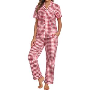 SWOMOG 100% Cotton Pajamas for Women Set 2PCS Button-Down Lounge Pjs Short Sleeve Tops and Long-Pants with Pocket(Red&white Plaid)