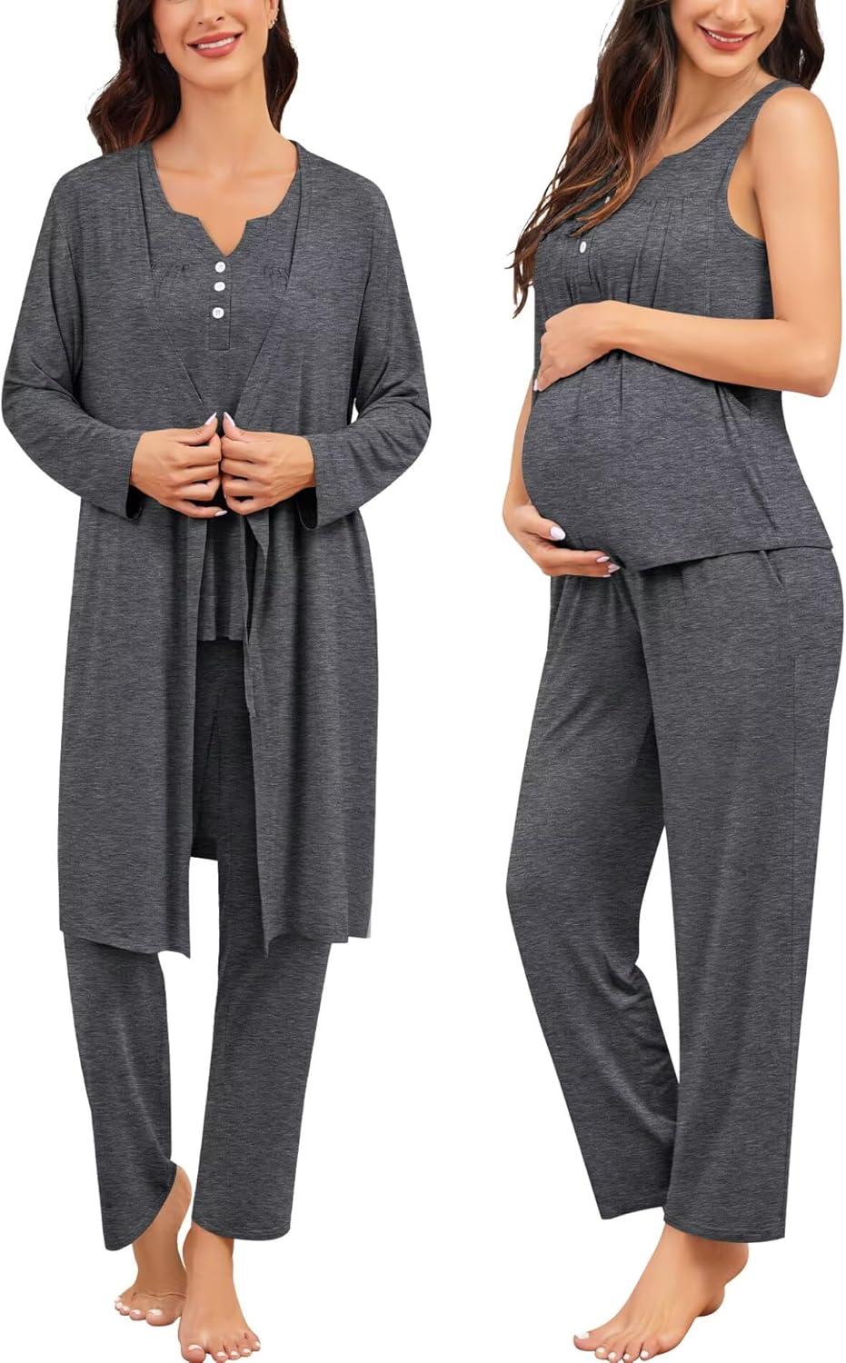 imageSWOMOG Maternity Nursing Pajamas Sets 3 PCS Women Postpartum Pajama Breastfeeding 3 in 1 Labor Delivery Button Pregnancy PjsDeep Grey