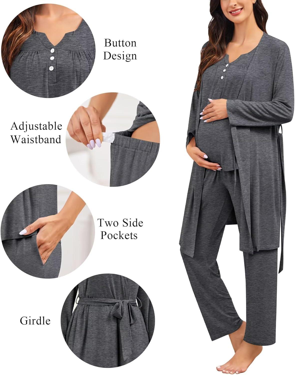 imageSWOMOG Maternity Nursing Pajamas Sets 3 PCS Women Postpartum Pajama Breastfeeding 3 in 1 Labor Delivery Button Pregnancy PjsDeep Grey