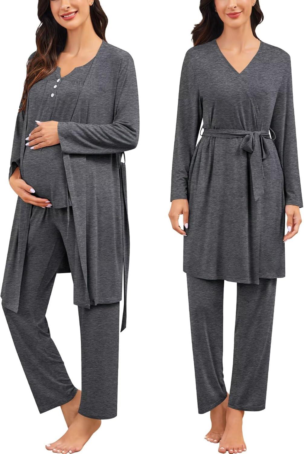 imageSWOMOG Maternity Nursing Pajamas Sets 3 PCS Women Postpartum Pajama Breastfeeding 3 in 1 Labor Delivery Button Pregnancy PjsDeep Grey