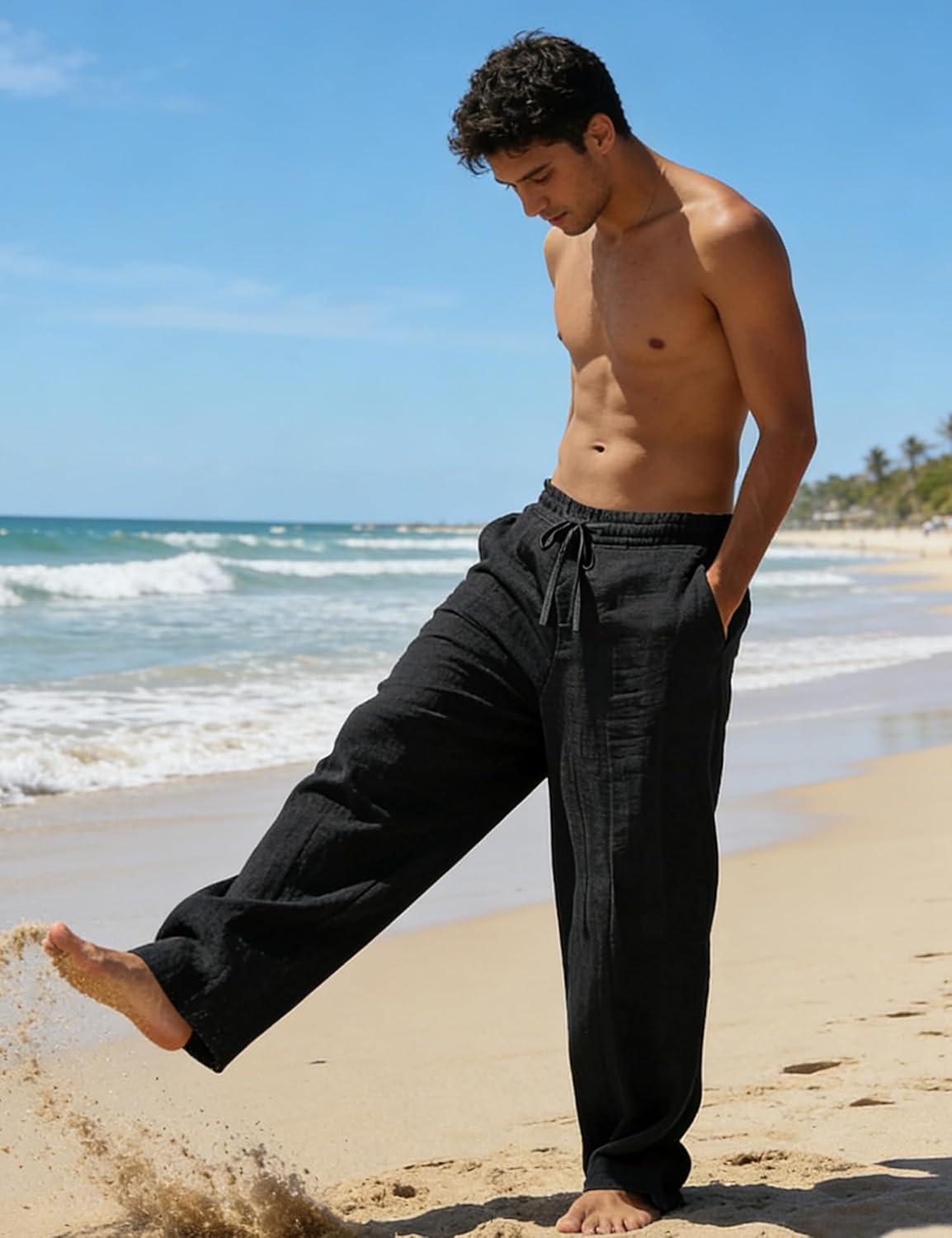 imageSWOMOG Mens Casual Cotton Linen Pants Drawstring Loose Fit Summer Beach Pants Lightweight Trousers with PocketsBlack