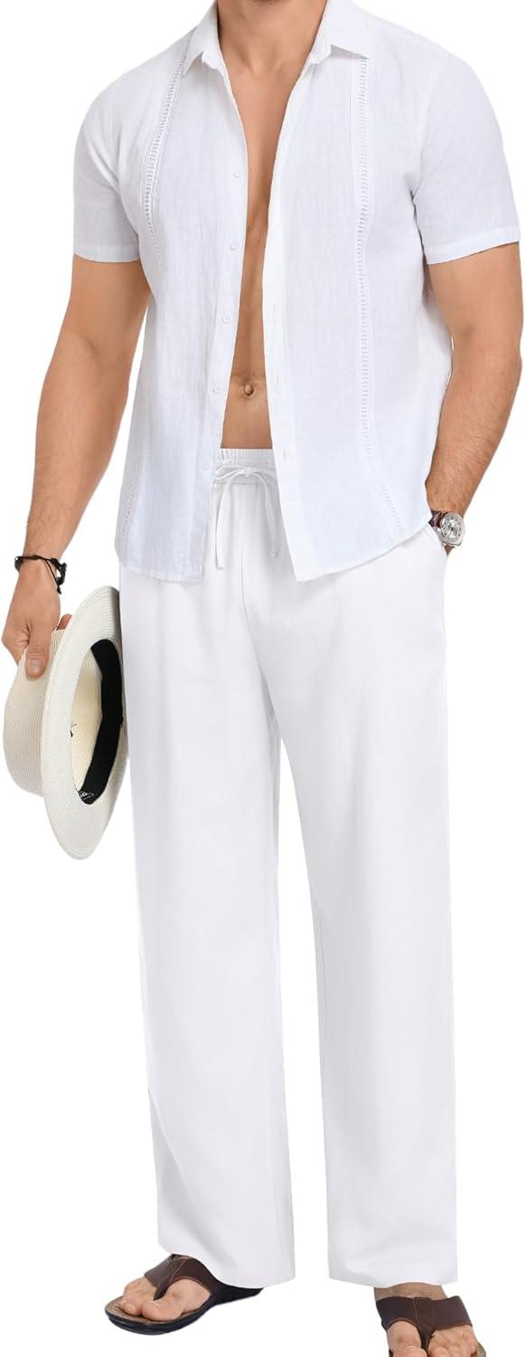 imageSWOMOG Mens Casual Cotton Linen Pants Drawstring Loose Fit Summer Beach Pants Lightweight Trousers with PocketsWhite