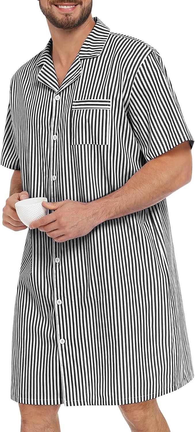 imageSWOMOG Mens Nightshirt 100 Cotton Button Down Nightwear Comfy Short Sleeve Nightgown for Sleeping Sleep Shirt SXXXLBlack White Stripe