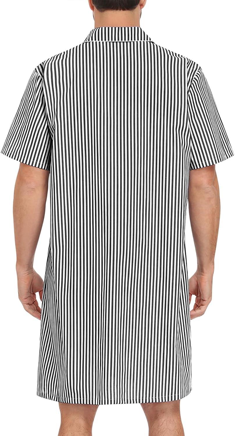 imageSWOMOG Mens Nightshirt 100 Cotton Button Down Nightwear Comfy Short Sleeve Nightgown for Sleeping Sleep Shirt SXXXLBlack White Stripe
