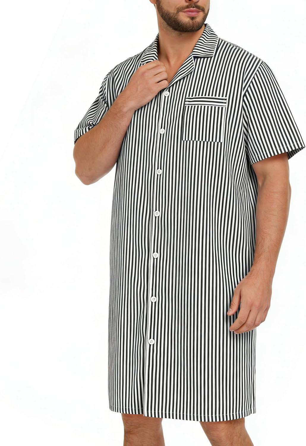 imageSWOMOG Mens Nightshirt 100 Cotton Button Down Nightwear Comfy Short Sleeve Nightgown for Sleeping Sleep Shirt SXXXLBlack White Stripe