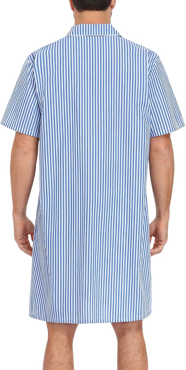 imageSWOMOG Mens Nightshirt 100 Cotton Button Down Nightwear Comfy Short Sleeve Nightgown for Sleeping Sleep Shirt SXXXLBright Blue White Stripe