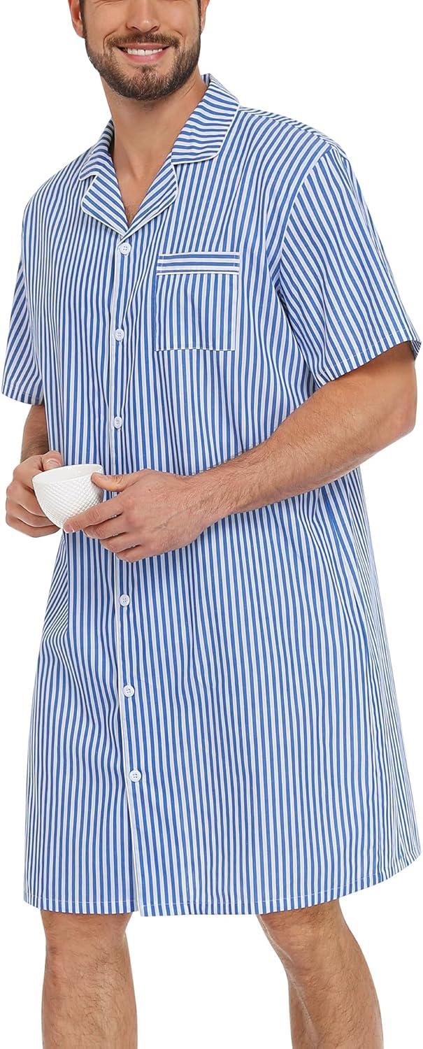imageSWOMOG Mens Nightshirt 100 Cotton Button Down Nightwear Comfy Short Sleeve Nightgown for Sleeping Sleep Shirt SXXXLBright Blue White Stripe