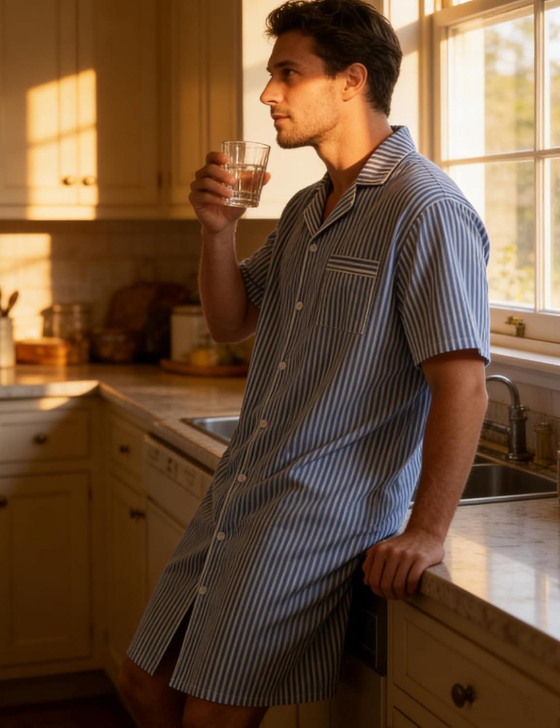 imageSWOMOG Mens Nightshirt 100 Cotton Button Down Nightwear Comfy Short Sleeve Nightgown for Sleeping Sleep Shirt SXXXLBright Blue White Stripe