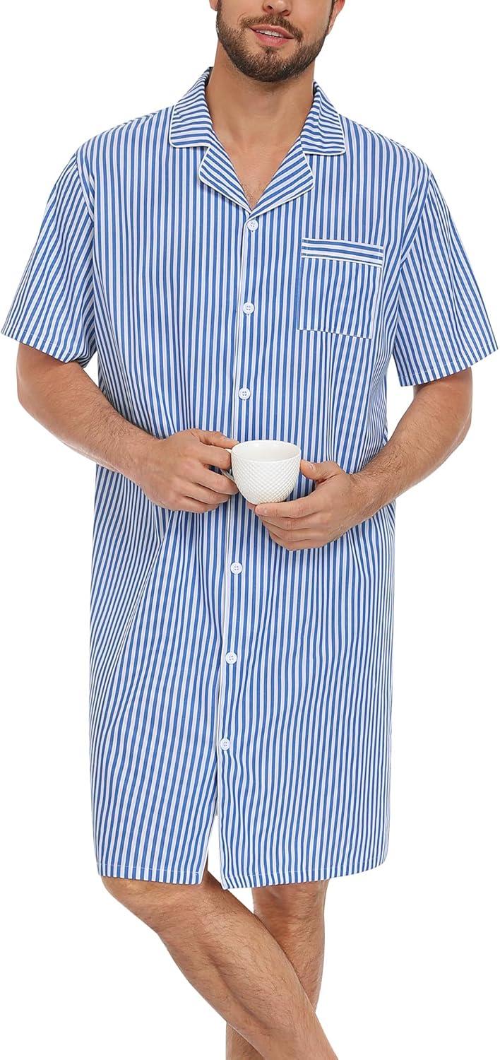 imageSWOMOG Mens Nightshirt 100 Cotton Button Down Nightwear Comfy Short Sleeve Nightgown for Sleeping Sleep Shirt SXXXLBright Blue White Stripe