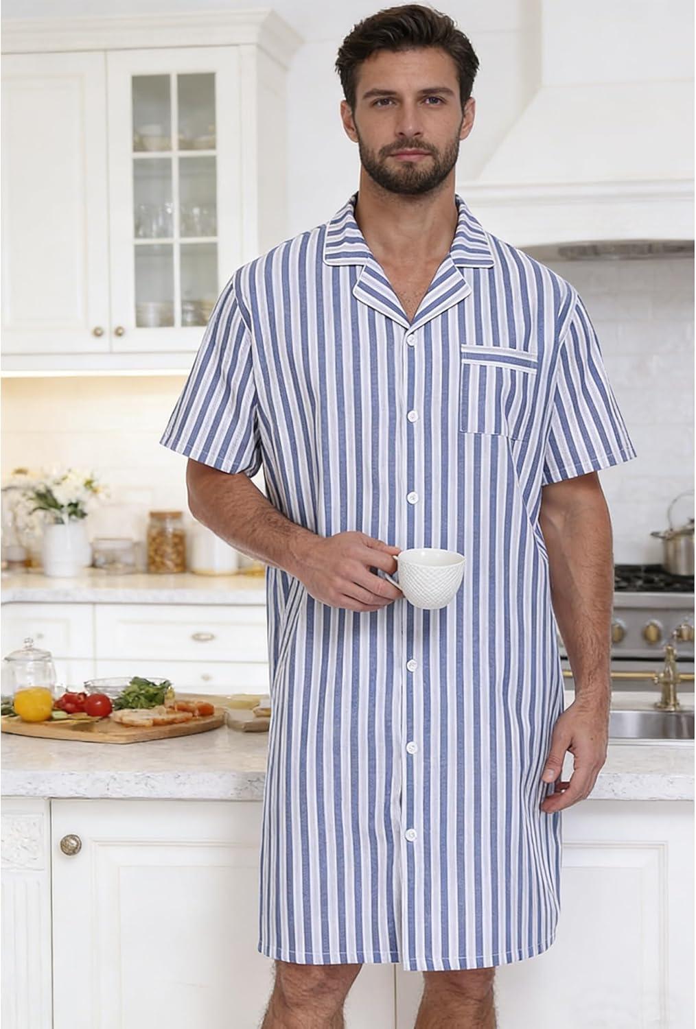 imageSWOMOG Mens Nightshirt 100 Cotton Button Down Nightwear Comfy Short Sleeve Nightgown for Sleeping Sleep Shirt SXXXLClassic Blue White Stripe