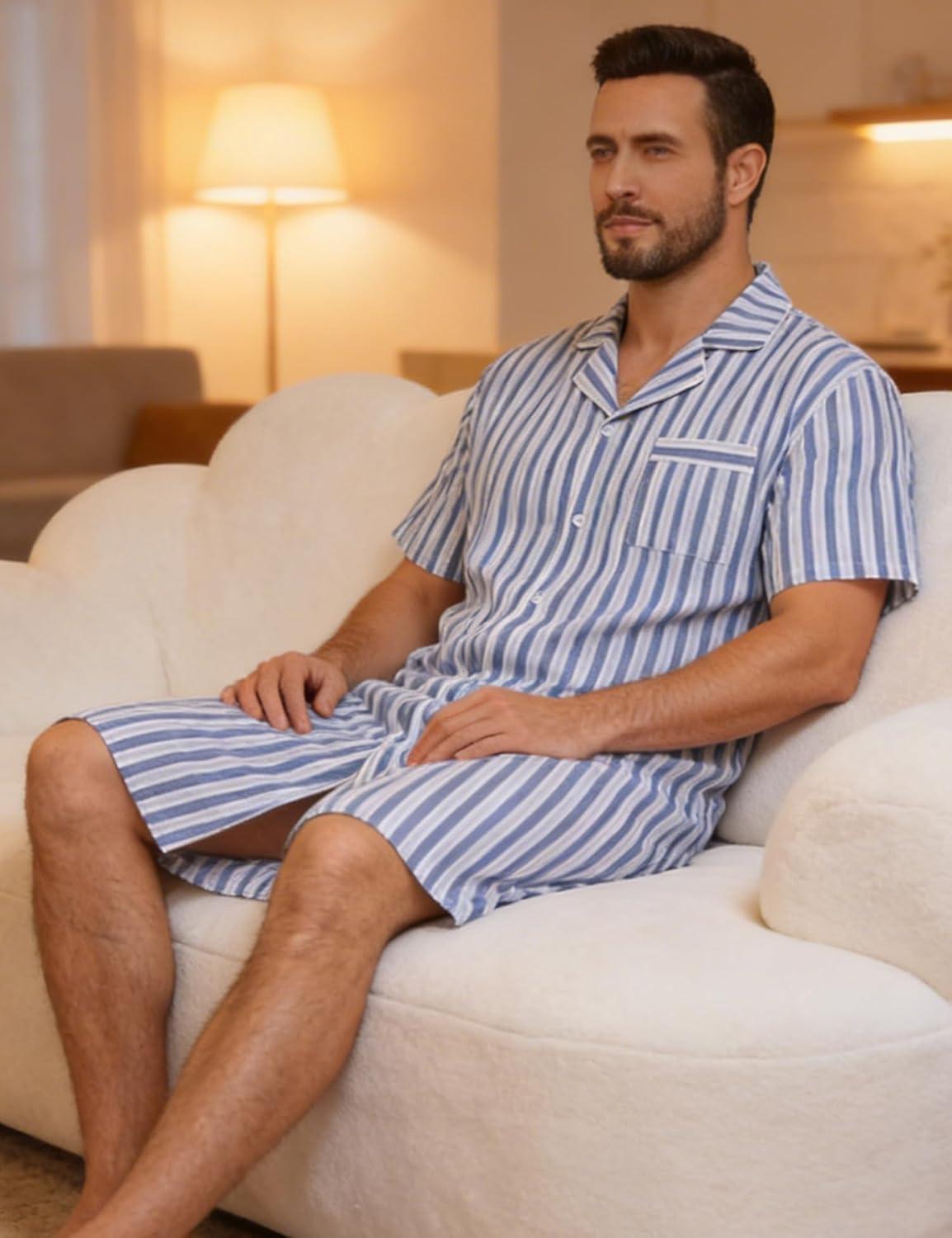 imageSWOMOG Mens Nightshirt 100 Cotton Button Down Nightwear Comfy Short Sleeve Nightgown for Sleeping Sleep Shirt SXXXLClassic Blue White Stripe