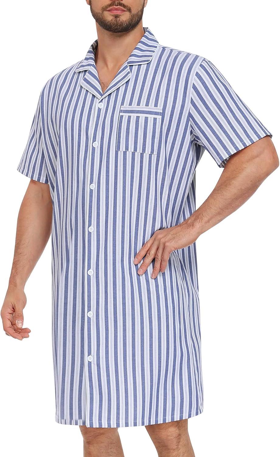 imageSWOMOG Mens Nightshirt 100 Cotton Button Down Nightwear Comfy Short Sleeve Nightgown for Sleeping Sleep Shirt SXXXLClassic Blue White Stripe