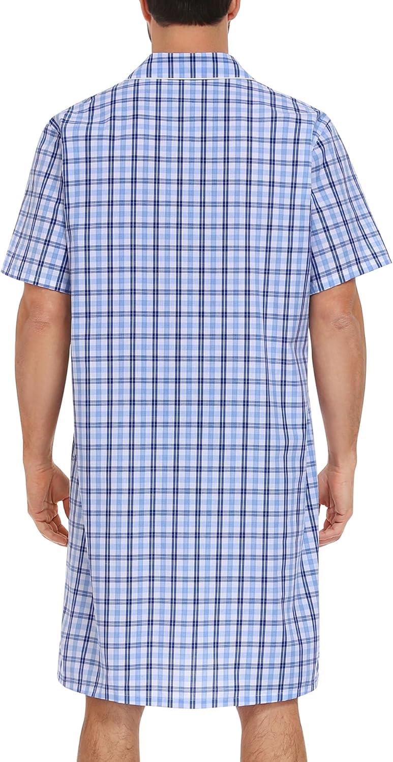 imageSWOMOG Mens Nightshirt 100 Cotton Button Down Nightwear Comfy Short Sleeve Nightgown for Sleeping Sleep Shirt SXXXLWhite Blue Plaid