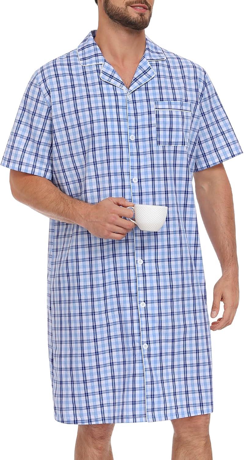 imageSWOMOG Mens Nightshirt 100 Cotton Button Down Nightwear Comfy Short Sleeve Nightgown for Sleeping Sleep Shirt SXXXLWhite Blue Plaid