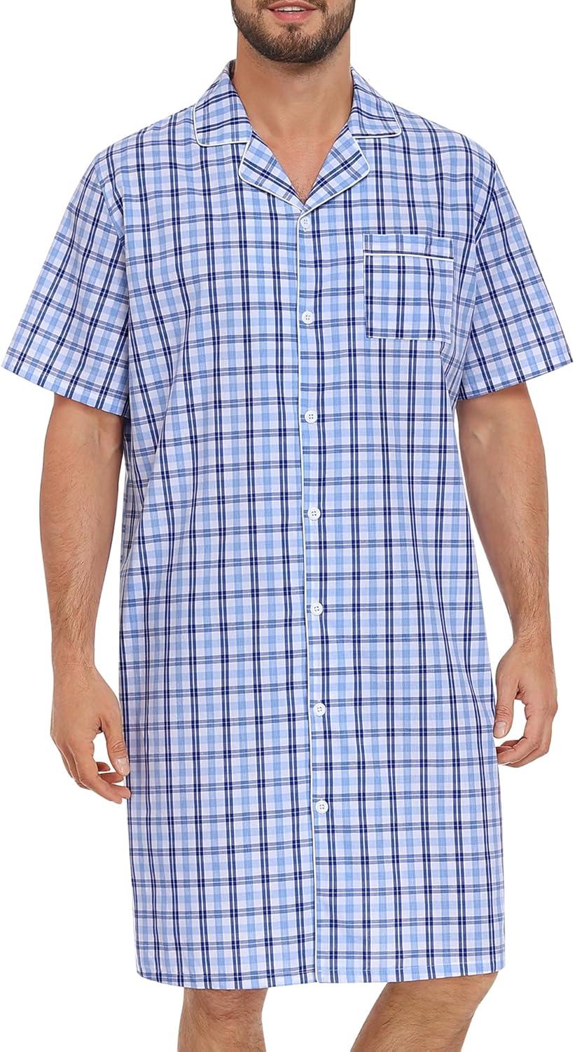 imageSWOMOG Mens Nightshirt 100 Cotton Button Down Nightwear Comfy Short Sleeve Nightgown for Sleeping Sleep Shirt SXXXLWhite Blue Plaid