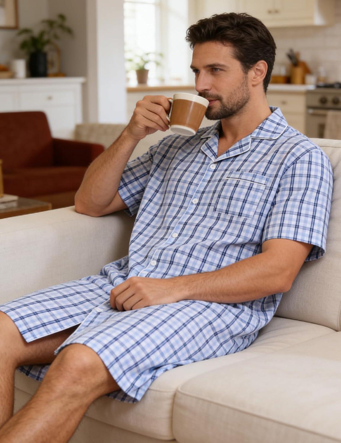 imageSWOMOG Mens Nightshirt 100 Cotton Button Down Nightwear Comfy Short Sleeve Nightgown for Sleeping Sleep Shirt SXXXLWhite Blue Plaid
