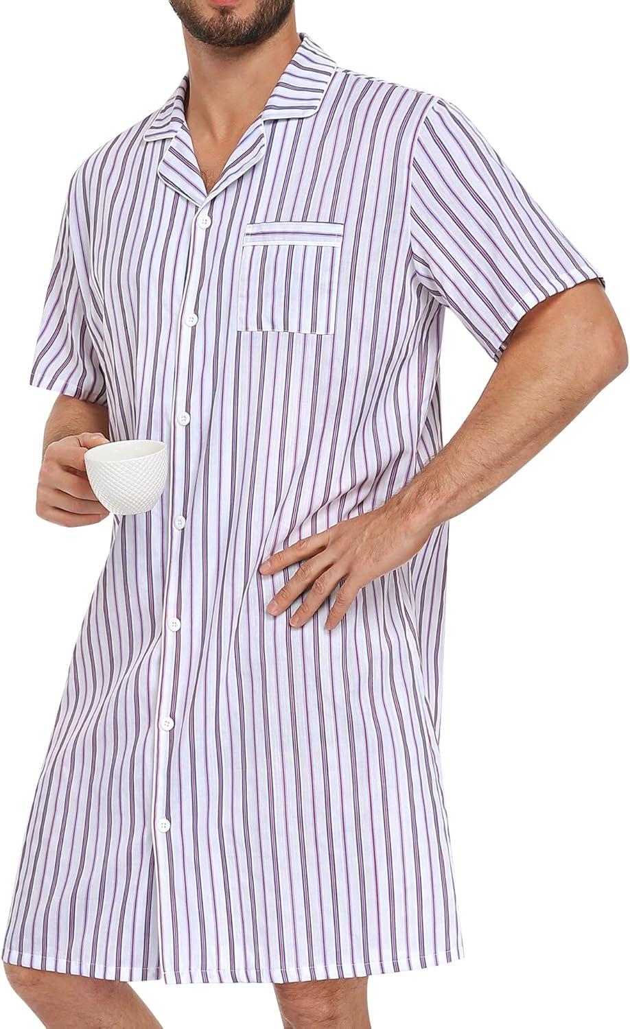 imageSWOMOG Mens Nightshirt 100 Cotton Button Down Nightwear Comfy Short Sleeve Nightgown for Sleeping Sleep Shirt SXXXLWhite Contrasting Stripes