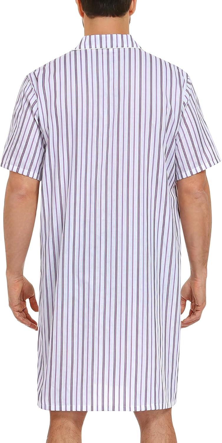 imageSWOMOG Mens Nightshirt 100 Cotton Button Down Nightwear Comfy Short Sleeve Nightgown for Sleeping Sleep Shirt SXXXLWhite Contrasting Stripes