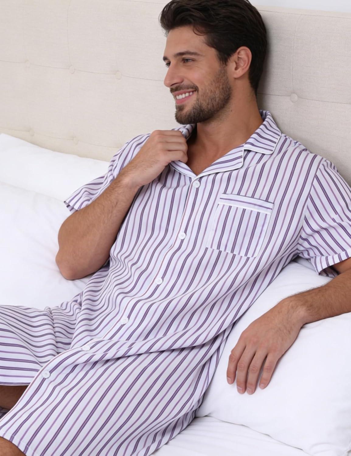 imageSWOMOG Mens Nightshirt 100 Cotton Button Down Nightwear Comfy Short Sleeve Nightgown for Sleeping Sleep Shirt SXXXLWhite Contrasting Stripes