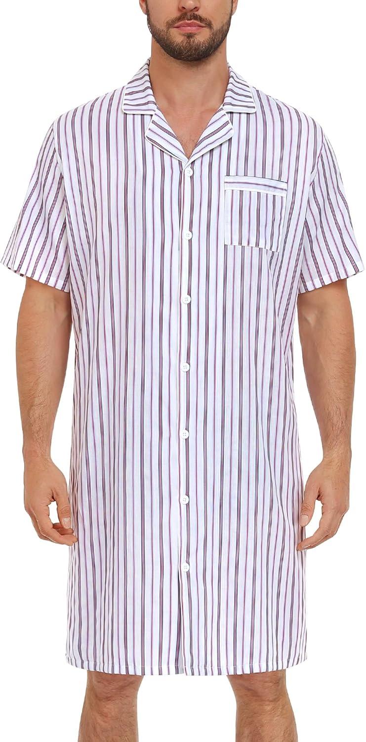imageSWOMOG Mens Nightshirt 100 Cotton Button Down Nightwear Comfy Short Sleeve Nightgown for Sleeping Sleep Shirt SXXXLWhite Contrasting Stripes