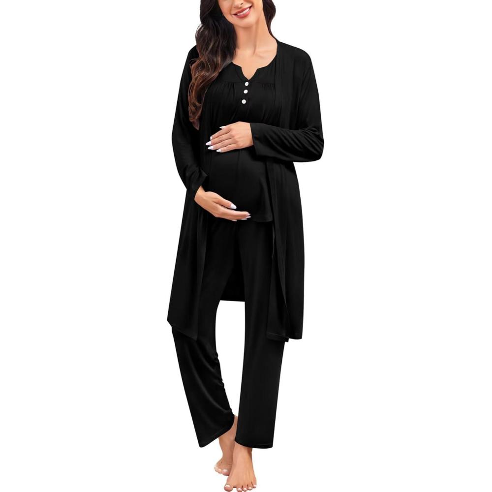 imageSWOMOG Maternity Nursing Pajamas Sets 3 PCS Women Postpartum Pajama Breastfeeding 3 in 1 Labor Delivery Button Pregnancy PjsBlack
