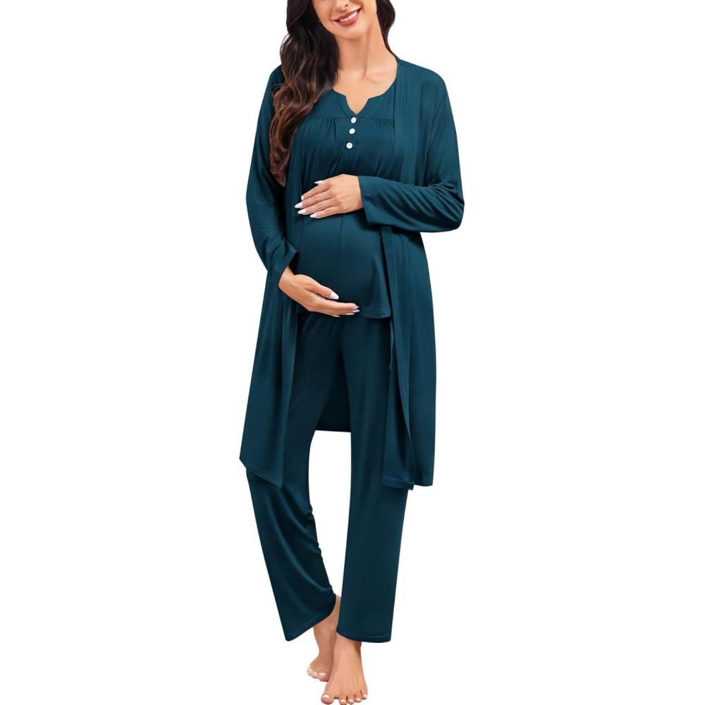 imageSWOMOG Maternity Nursing Pajamas Sets 3 PCS Women Postpartum Pajama Breastfeeding 3 in 1 Labor Delivery Button Pregnancy PjsOxford Blue