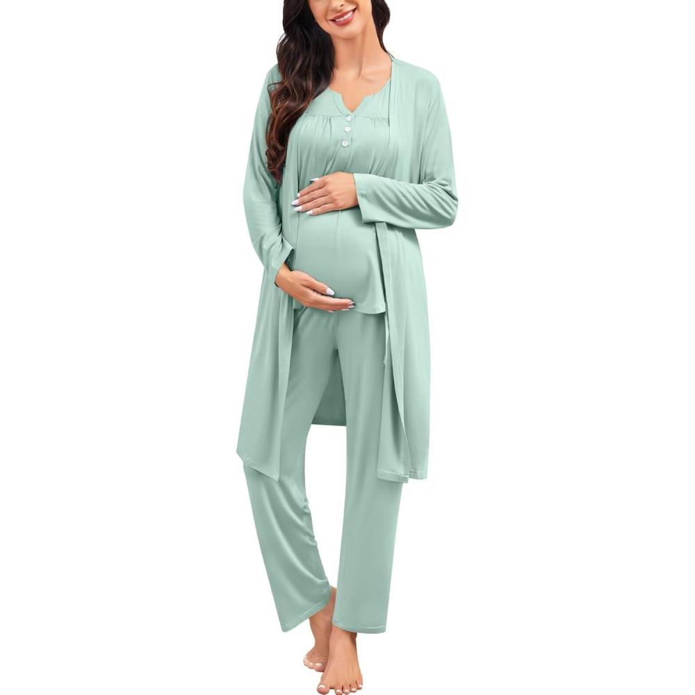 imageSWOMOG Maternity Nursing Pajamas Sets 3 PCS Women Postpartum Pajama Breastfeeding 3 in 1 Labor Delivery Button Pregnancy PjsSage Green