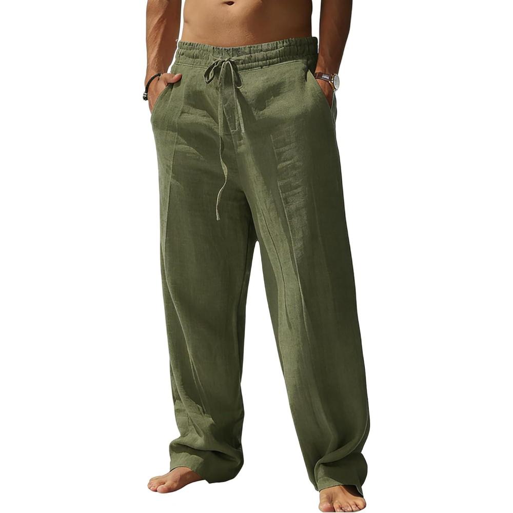 imageSWOMOG Mens Casual Cotton Linen Pants Drawstring Loose Fit Summer Beach Pants Lightweight Trousers with PocketsArmy Green