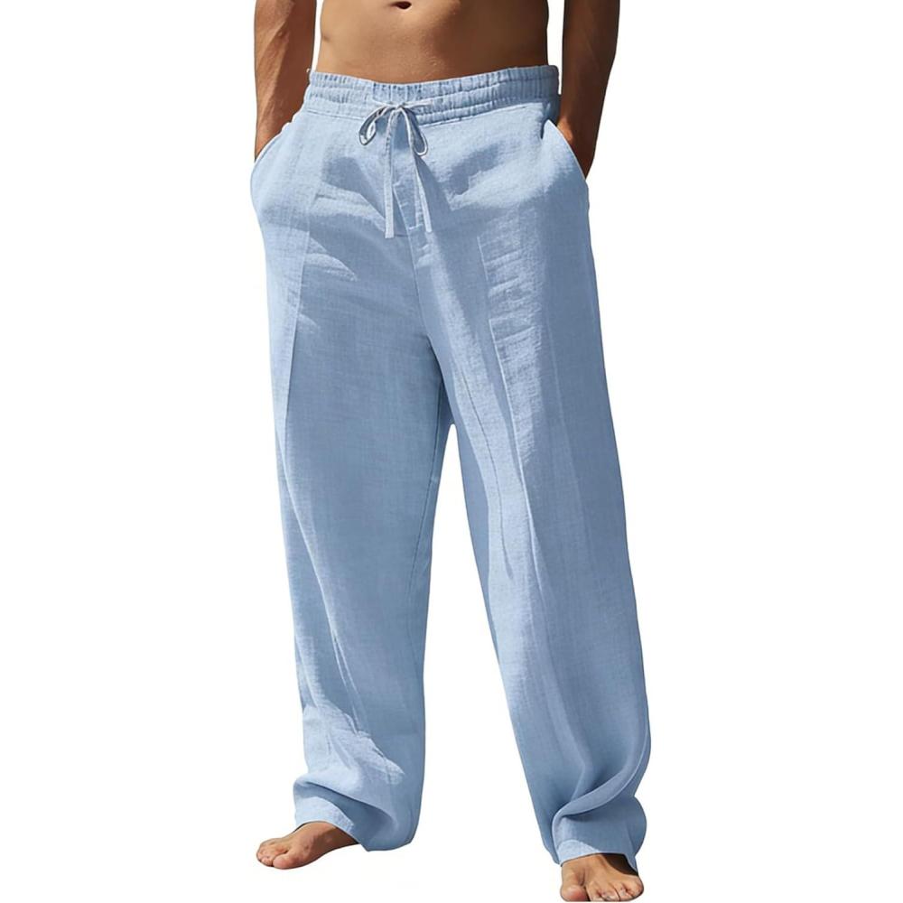 imageSWOMOG Mens Casual Cotton Linen Pants Drawstring Loose Fit Summer Beach Pants Lightweight Trousers with PocketsBlue
