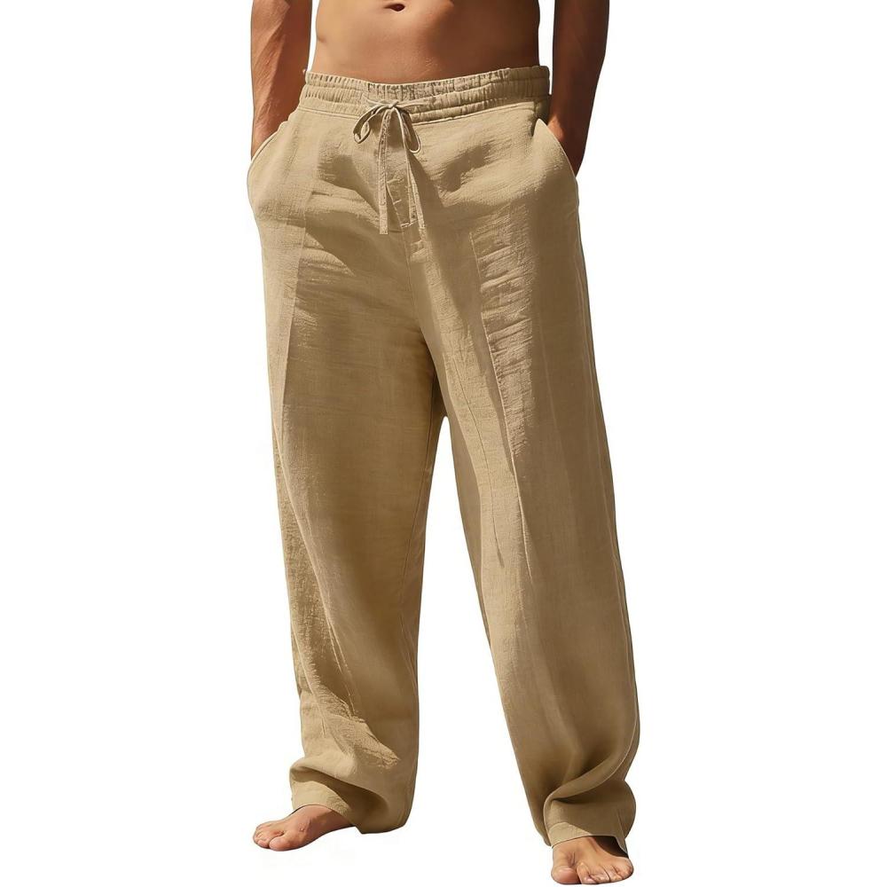 imageSWOMOG Mens Casual Cotton Linen Pants Drawstring Loose Fit Summer Beach Pants Lightweight Trousers with PocketsCoffee