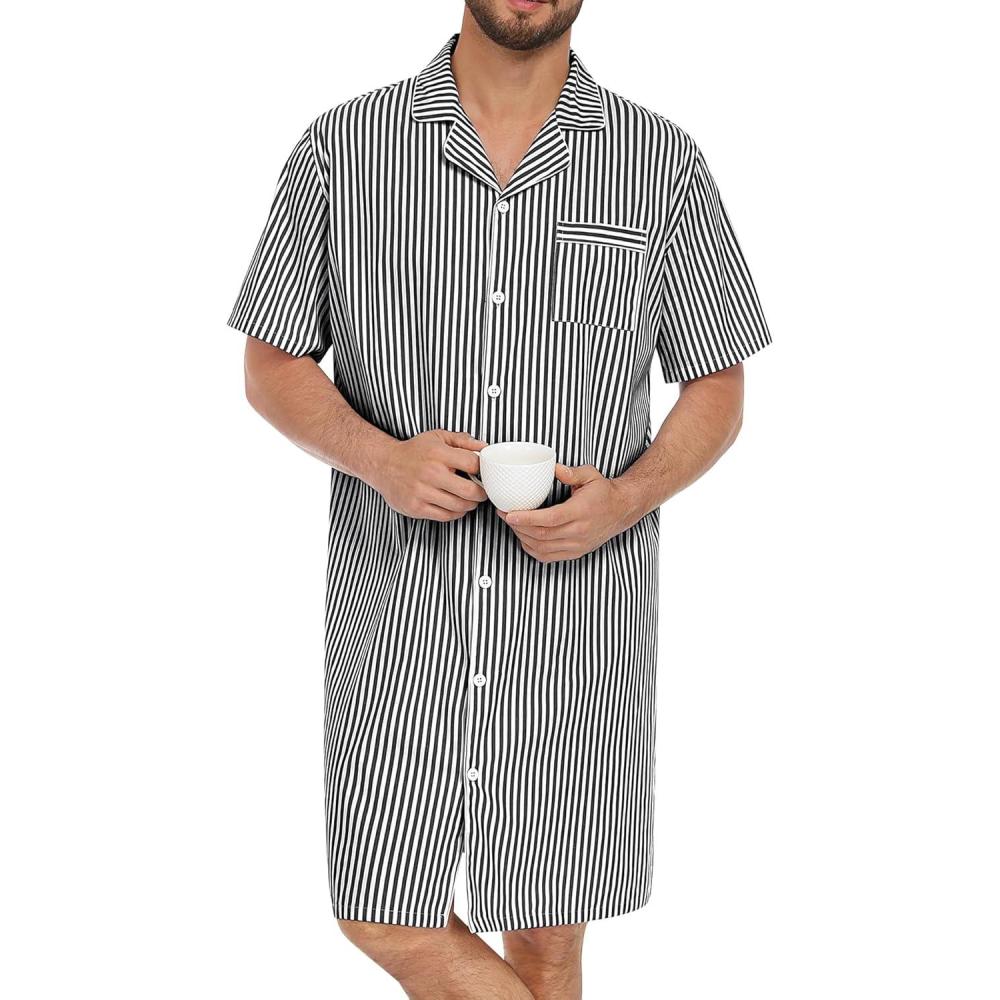imageSWOMOG Mens Nightshirt 100 Cotton Button Down Nightwear Comfy Short Sleeve Nightgown for Sleeping Sleep Shirt SXXXLBlack White Stripe