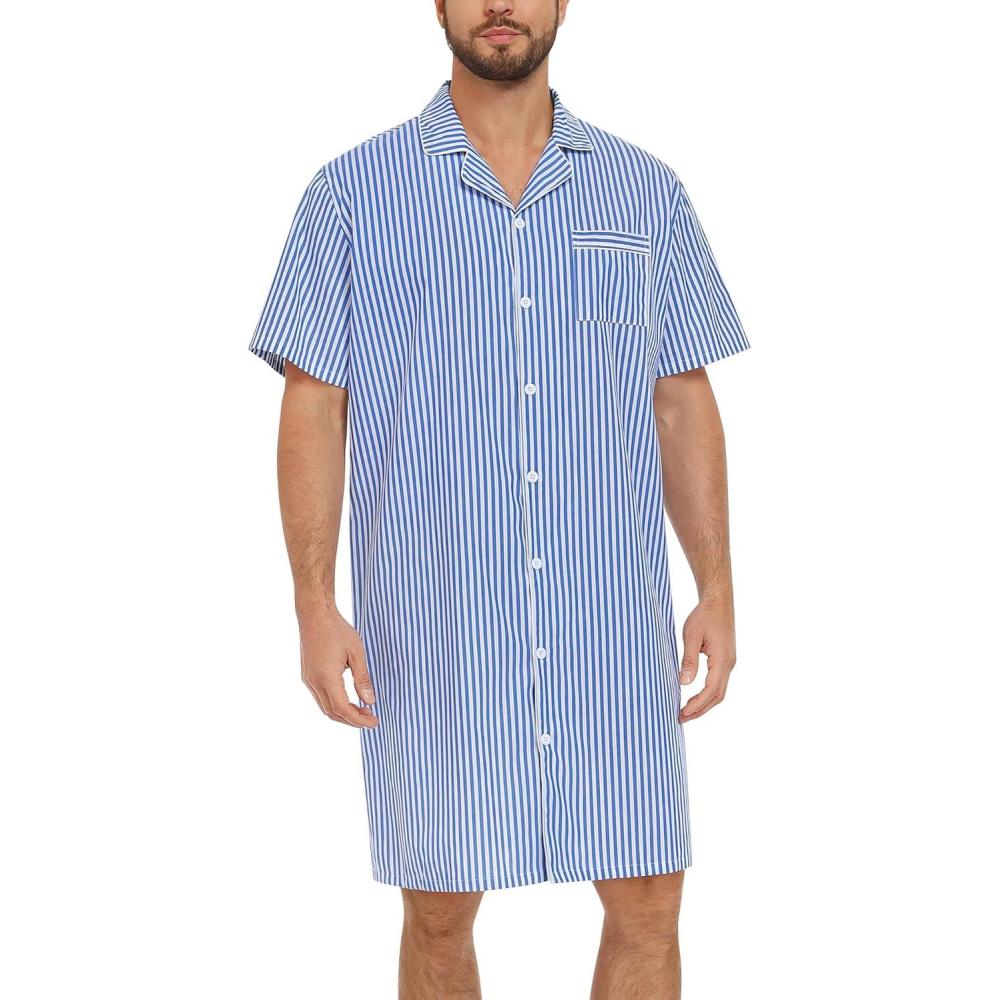 imageSWOMOG Mens Nightshirt 100 Cotton Button Down Nightwear Comfy Short Sleeve Nightgown for Sleeping Sleep Shirt SXXXLBright Blue White Stripe