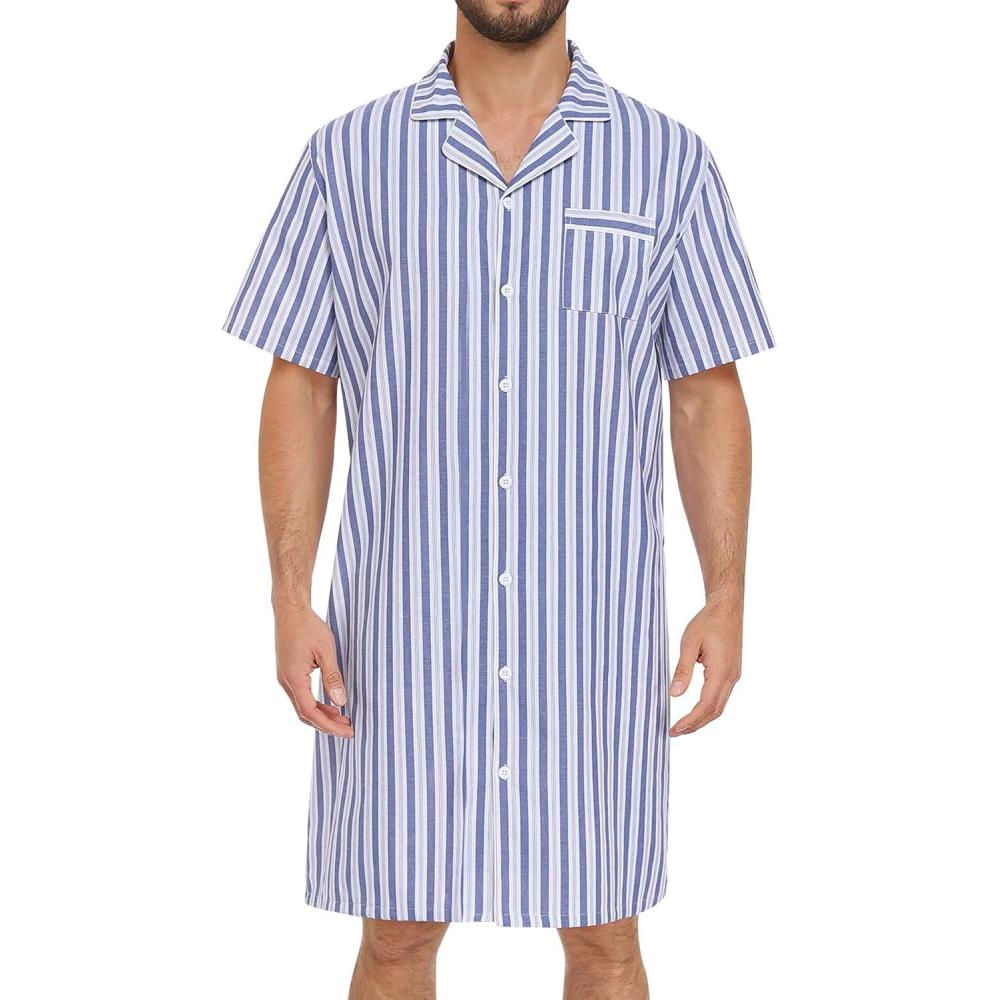 imageSWOMOG Mens Nightshirt 100 Cotton Button Down Nightwear Comfy Short Sleeve Nightgown for Sleeping Sleep Shirt SXXXLClassic Blue White Stripe