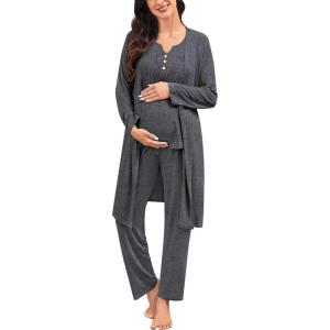 SWOMOG Maternity Nursing Pajamas Sets 3 PCS Women Postpartum Pajama Breastfeeding 3 in 1 Labor Delivery Button Pregnancy Pjs(Deep Grey)