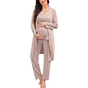 SWOMOG Maternity Nursing Pajamas Sets 3 PCS Women Postpartum Pajama Breastfeeding 3 in 1 Labor Delivery Button Pregnancy Pjs(Light Brown)
