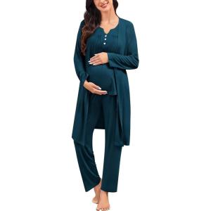 SWOMOG Maternity Nursing Pajamas Sets 3 PCS Women Postpartum Pajama Breastfeeding 3 in 1 Labor Delivery Button Pregnancy Pjs(Oxford Blue)