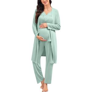 SWOMOG Maternity Nursing Pajamas Sets 3 PCS Women Postpartum Pajama Breastfeeding 3 in 1 Labor Delivery Button Pregnancy Pjs(Sage Green)