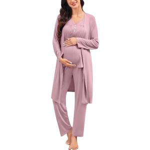 SWOMOG Maternity Nursing Pajamas Sets 3 PCS Women Postpartum Pajama Breastfeeding 3 in 1 Labor Delivery Button Pregnancy Pjs(Taro Purple)