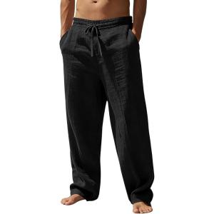 SWOMOG Mens Casual Cotton Linen Pants Drawstring Loose Fit Summer Beach Pants Lightweight Trousers with Pockets(Black)