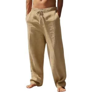 SWOMOG Mens Casual Cotton Linen Pants Drawstring Loose Fit Summer Beach Pants Lightweight Trousers with Pockets(Coffee)