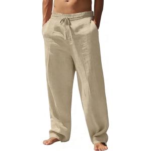 SWOMOG Mens Casual Cotton Linen Pants Drawstring Loose Fit Summer Beach Pants Lightweight Trousers with Pockets(Khaki)