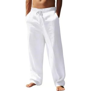SWOMOG Mens Casual Cotton Linen Pants Drawstring Loose Fit Summer Beach Pants Lightweight Trousers with Pockets(White)