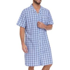 SWOMOG Men’s Nightshirt 100% Cotton Button Down Nightwear Comfy Short Sleeve Nightgown for Sleeping Sleep Shirt S-XXXL(White & Blue Plaid)