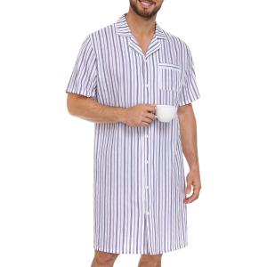 SWOMOG Men’s Nightshirt 100% Cotton Button Down Nightwear Comfy Short Sleeve Nightgown for Sleeping Sleep Shirt S-XXXL(White Contrasting Stripes)