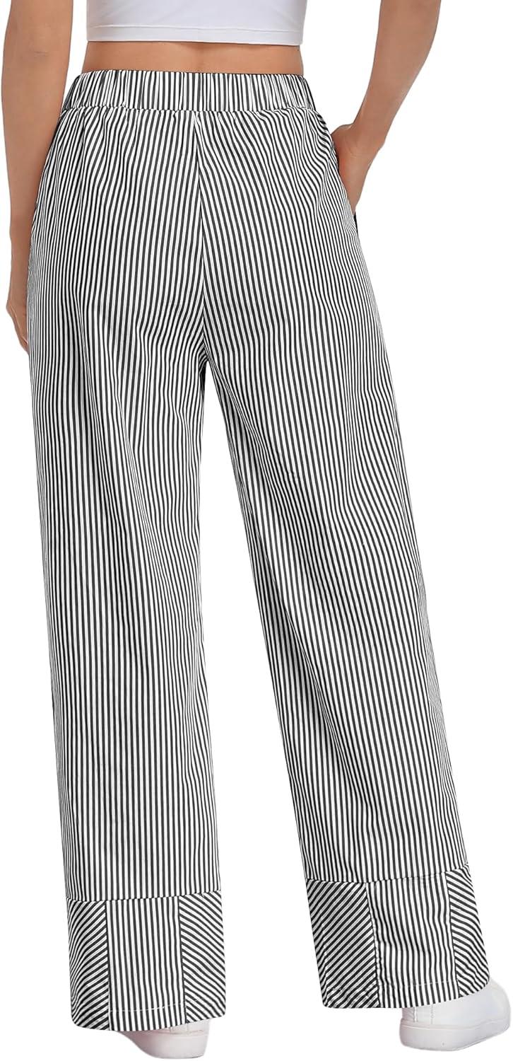 imageSWOMOG Womens 100 Cotton Pajama Pants Lightweight Gingham Lounge Bottoms Casual Wide Leg PJ Pants with PocketsBlack White Stripes