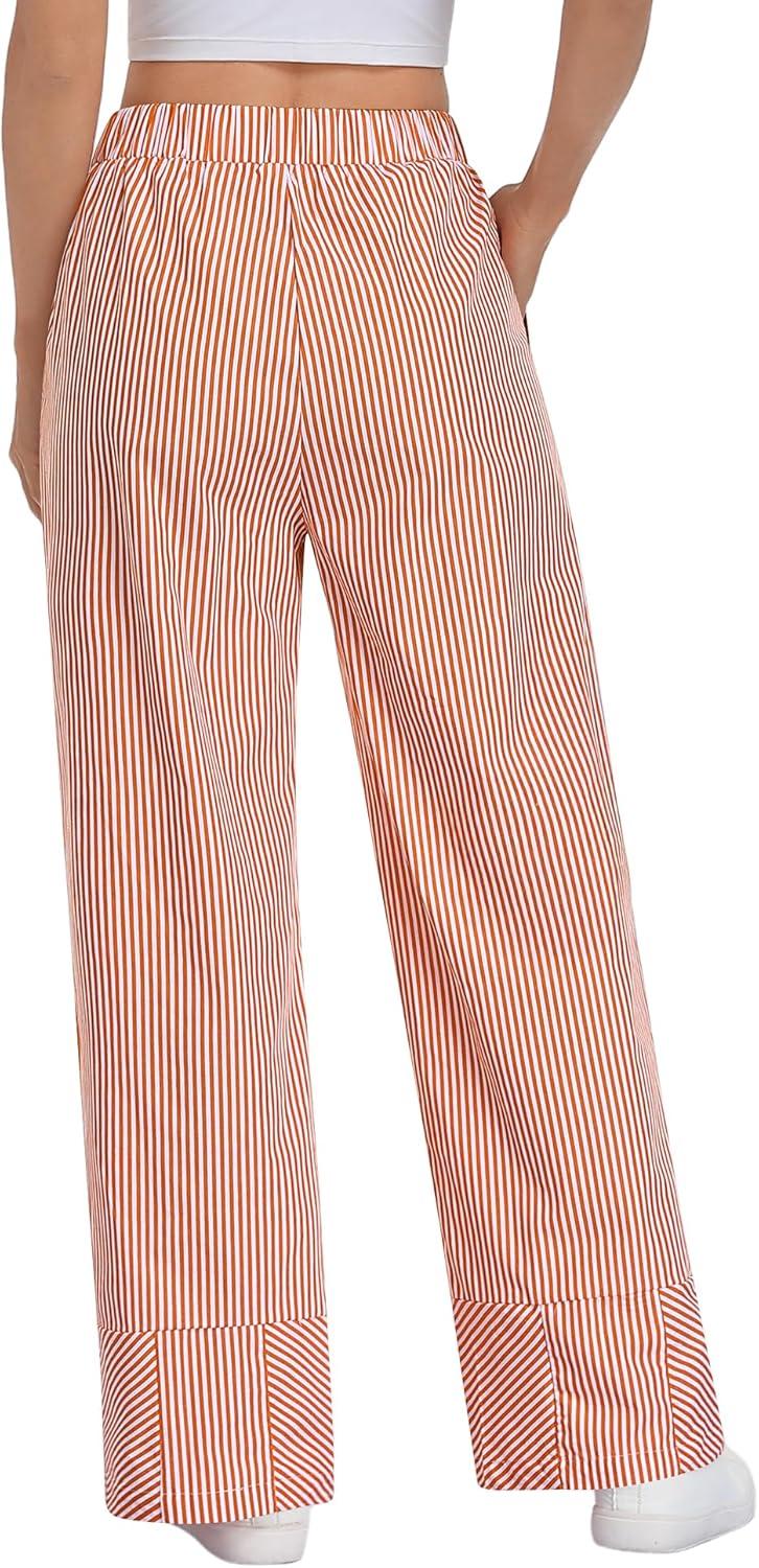 imageSWOMOG Womens 100 Cotton Pajama Pants Lightweight Gingham Lounge Bottoms Casual Wide Leg PJ Pants with PocketsOrange White Stripes