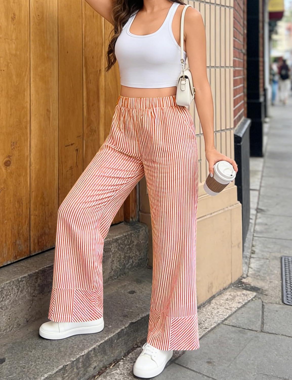 imageSWOMOG Womens 100 Cotton Pajama Pants Lightweight Gingham Lounge Bottoms Casual Wide Leg PJ Pants with PocketsOrange White Stripes