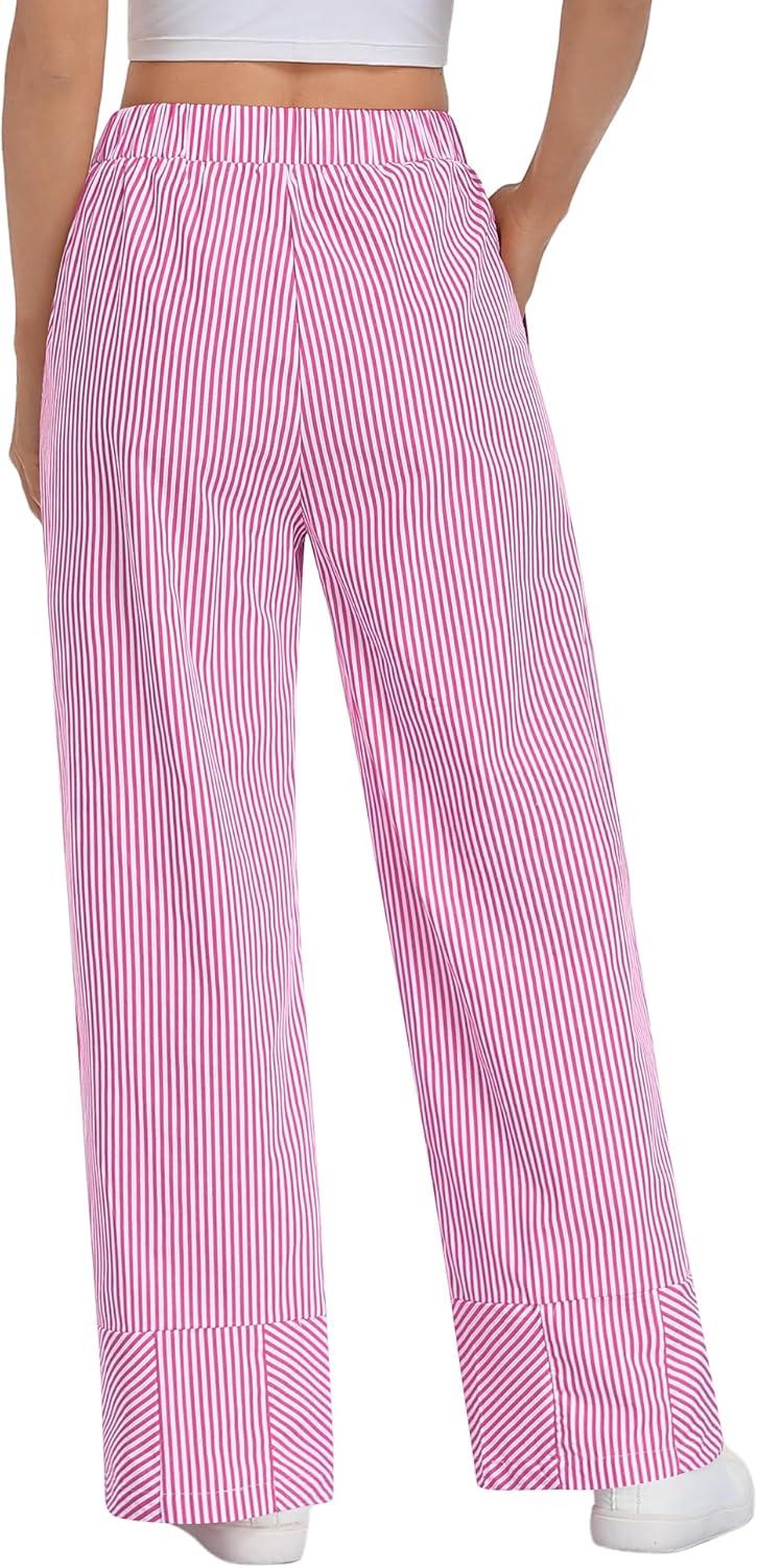 imageSWOMOG Womens 100 Cotton Pajama Pants Lightweight Gingham Lounge Bottoms Casual Wide Leg PJ Pants with PocketsPink White Stripes